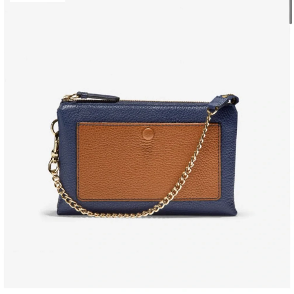 COLE HAAN GRANDSERIES Pebbled Leather Wristlet Pouch Navy Green Cognac